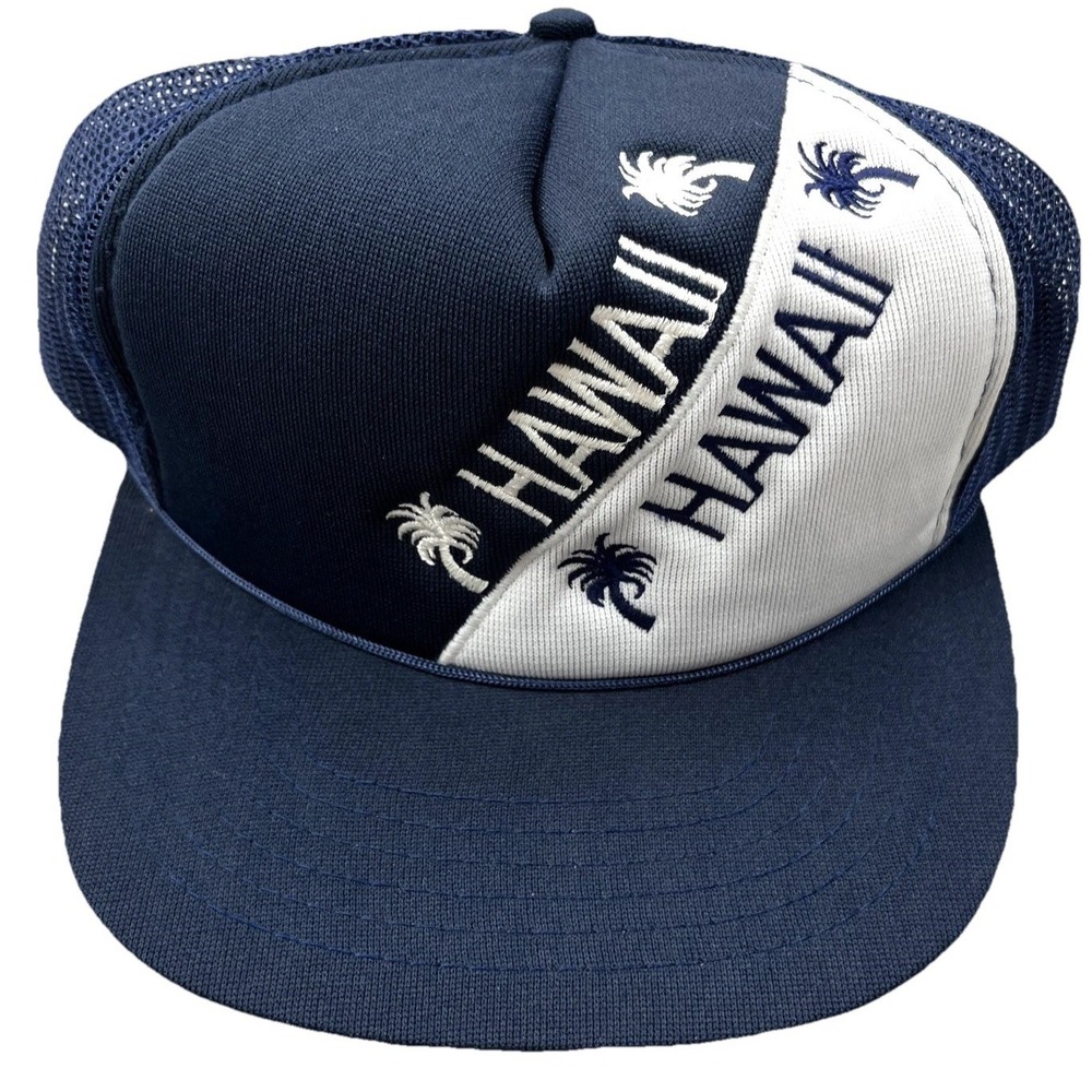 Vintage‎ Hawaii Trucker Hat Cap Blue White Mesh 80s 90s Snapback Beach Palm Tree
